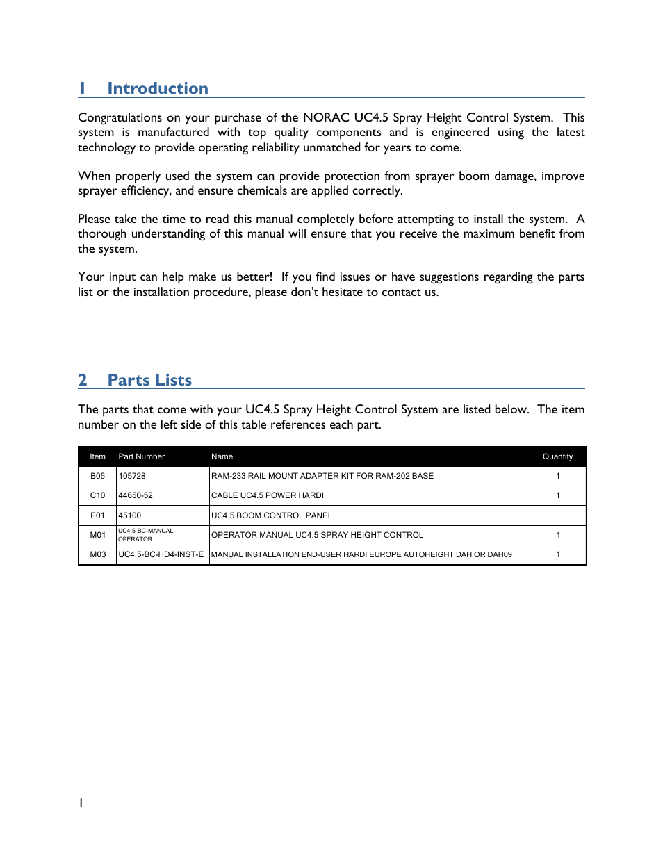 1 introduction, 2 parts lists | NORAC UC4.5-BC-HD4 Part 2 User Manual | Page 4 / 7
