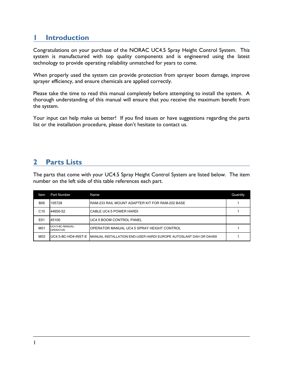 1 introduction, 2 parts lists | NORAC UC4.5-BC-HD5 Part 2 User Manual | Page 4 / 10