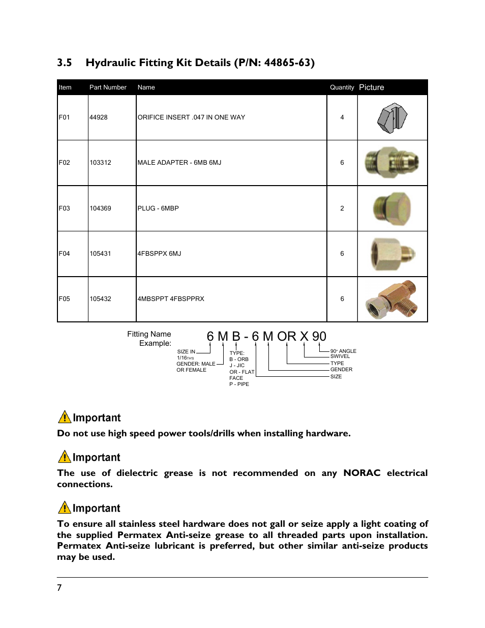 5 hydraulic fitting kit details (p/n: 44865-63), 6 m b - 6 m or x 90 | NORAC UC4.5-BC-HD7 User Manual | Page 10 / 39