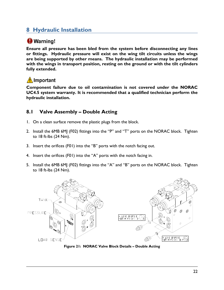 8 hydraulic installation, 1 valve assembly – double acting | NORAC UC4.5-BC-HD7 User Manual | Page 25 / 39