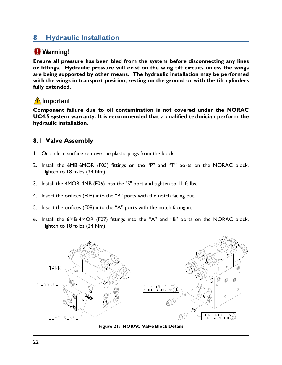 8 hydraulic installation, 1 valve assembly | NORAC UC4.5-BC-JD7 User Manual | Page 24 / 42