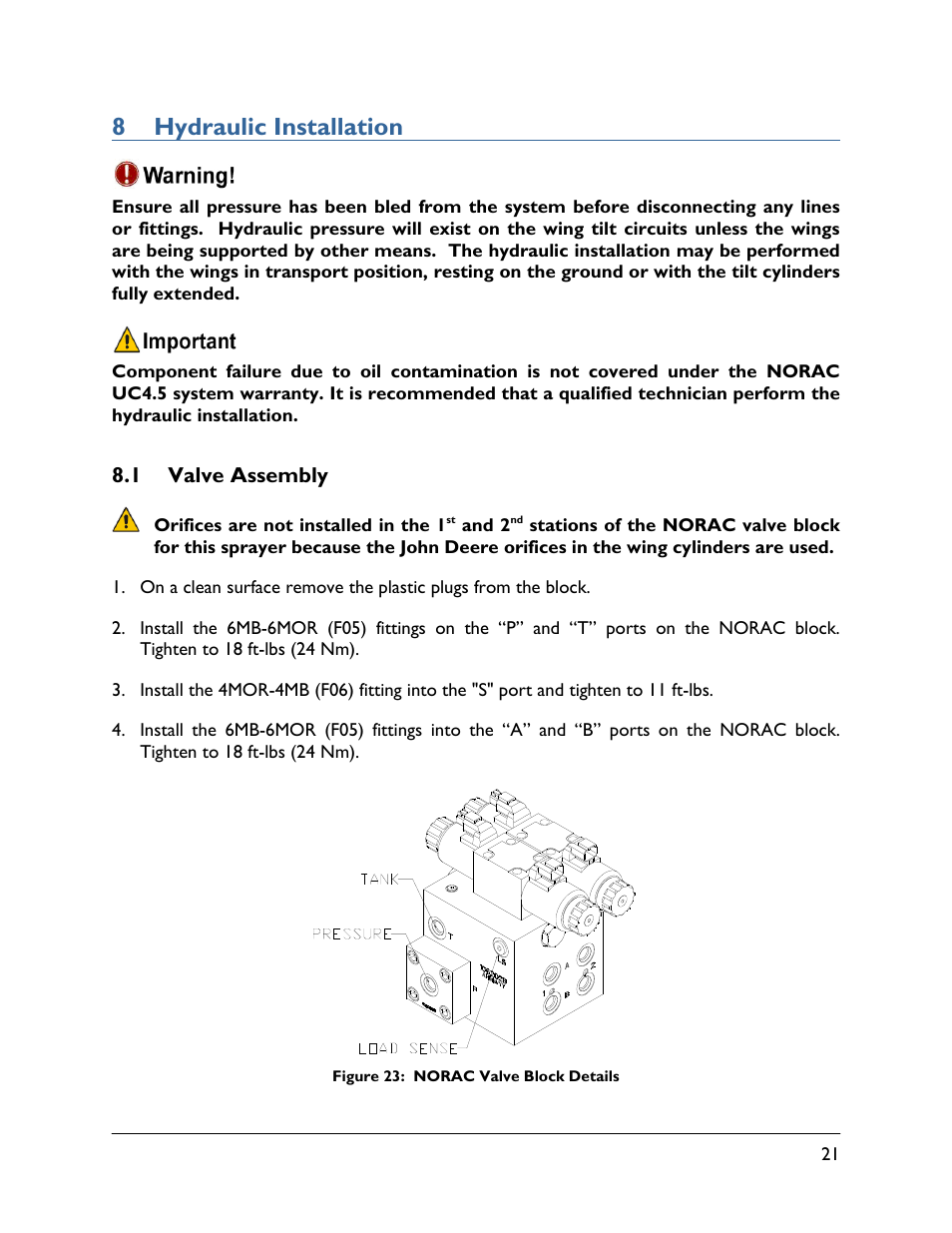 8 hydraulic installation, 1 valve assembly | NORAC UC4.5-BC-JD8 User Manual | Page 23 / 35