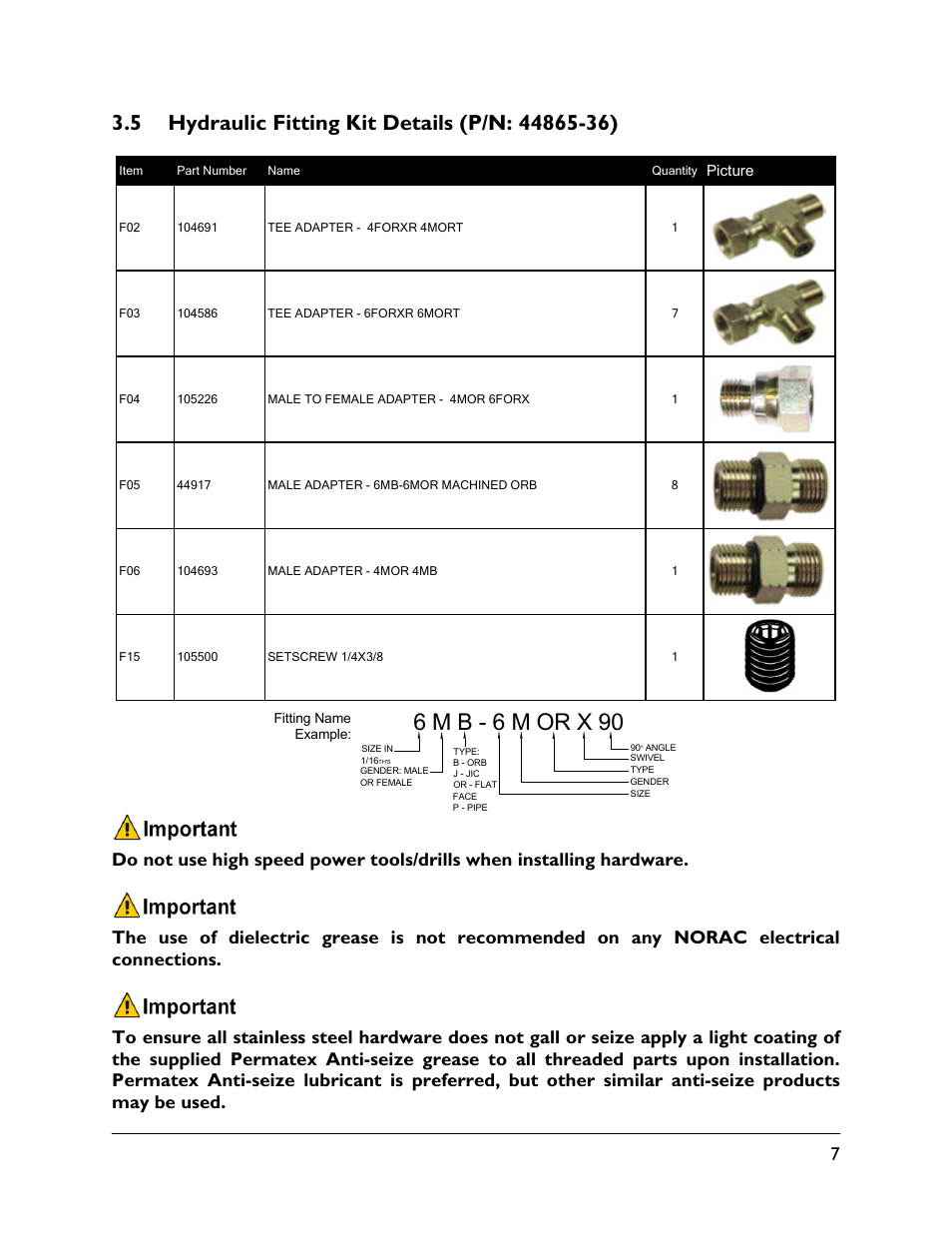 5 hydraulic fitting kit details (p/n: 44865-36), 6 m b - 6 m or x 90 | NORAC UC4.5-BC-JD8 User Manual | Page 9 / 35