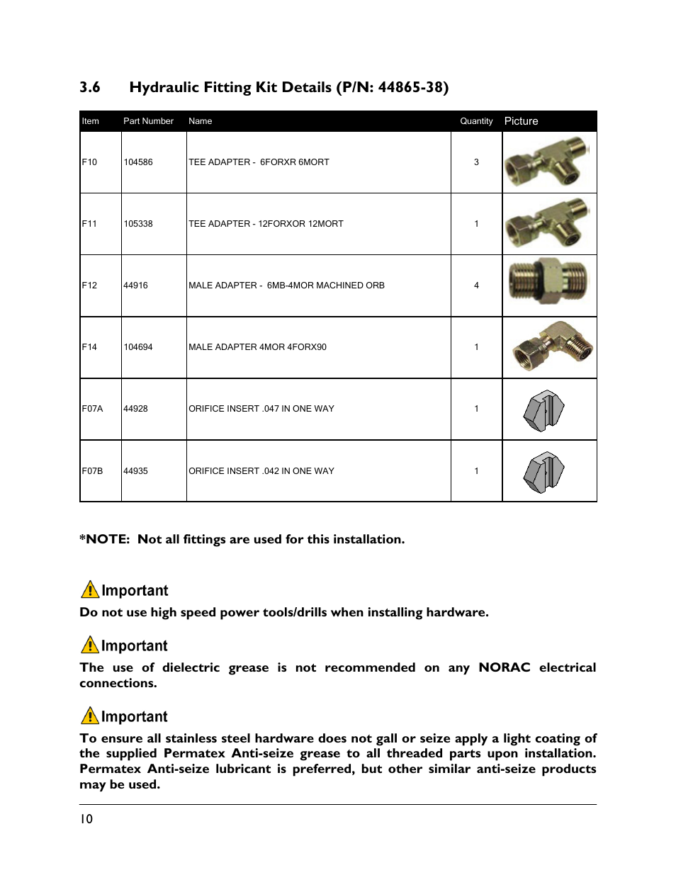 6 hydraulic fitting kit details (p/n: 44865-38) | NORAC UC4.5-BC-JD8A User Manual | Page 12 / 46