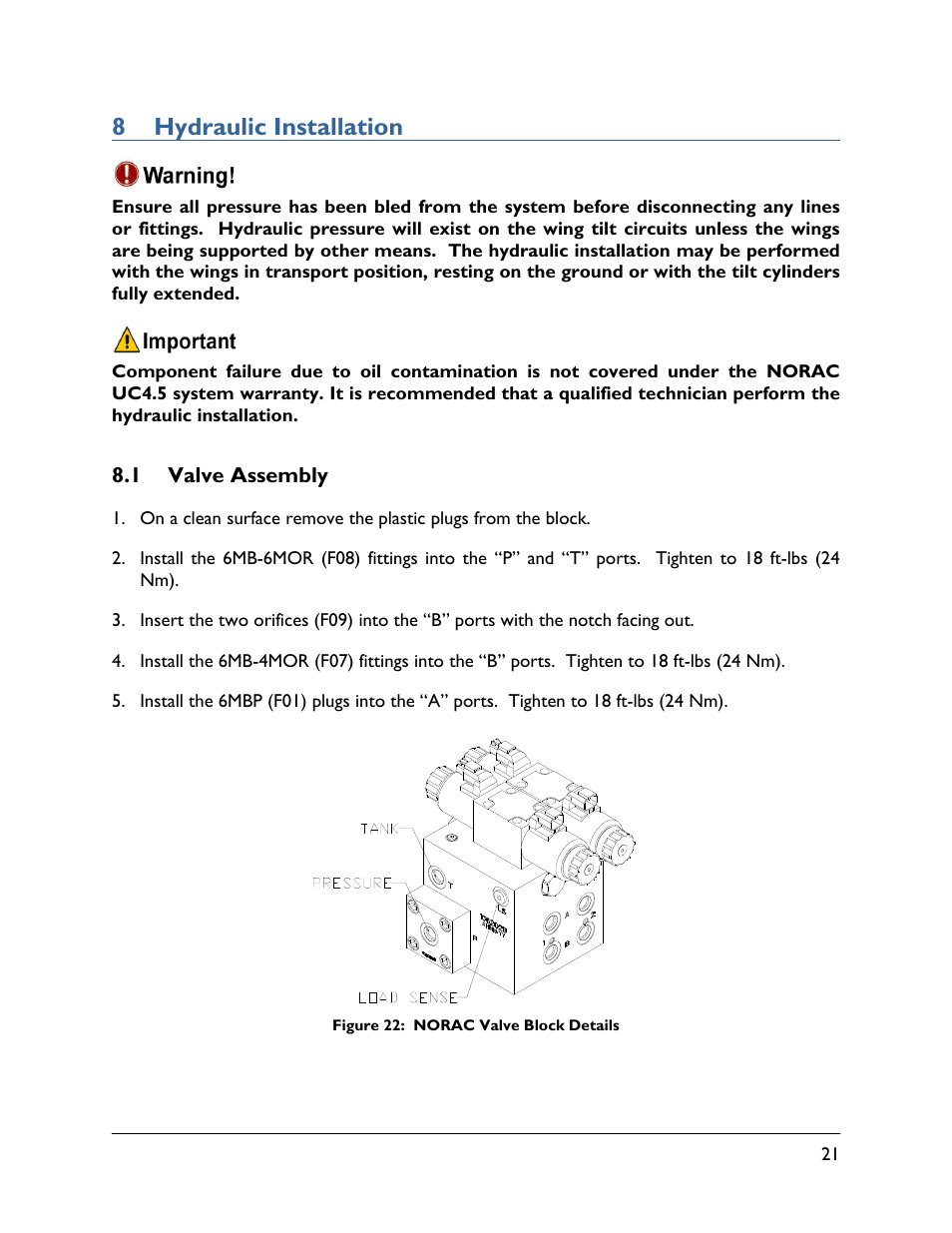 8 hydraulic installation, 1 valve assembly | NORAC UC4.5-BC-JD11 User Manual | Page 23 / 33