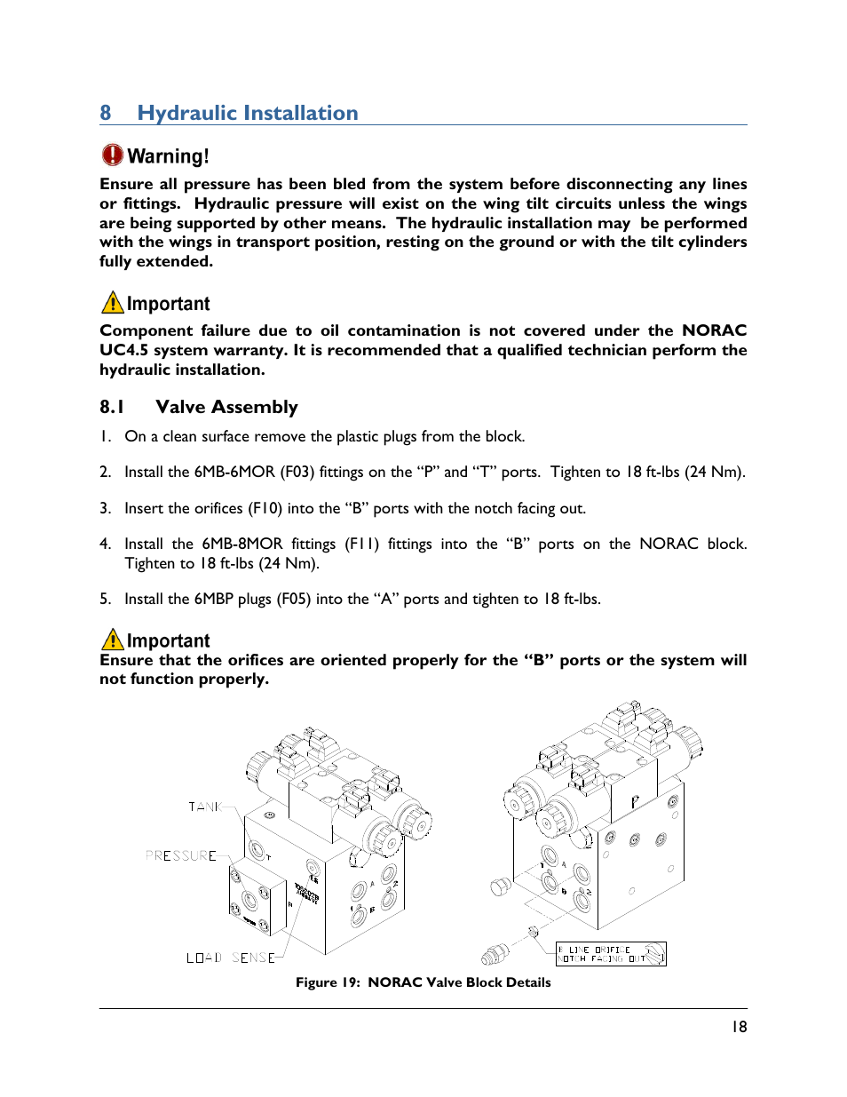 8 hydraulic installation, 1 valve assembly | NORAC UC4.5-BC-MC1 User Manual | Page 21 / 31