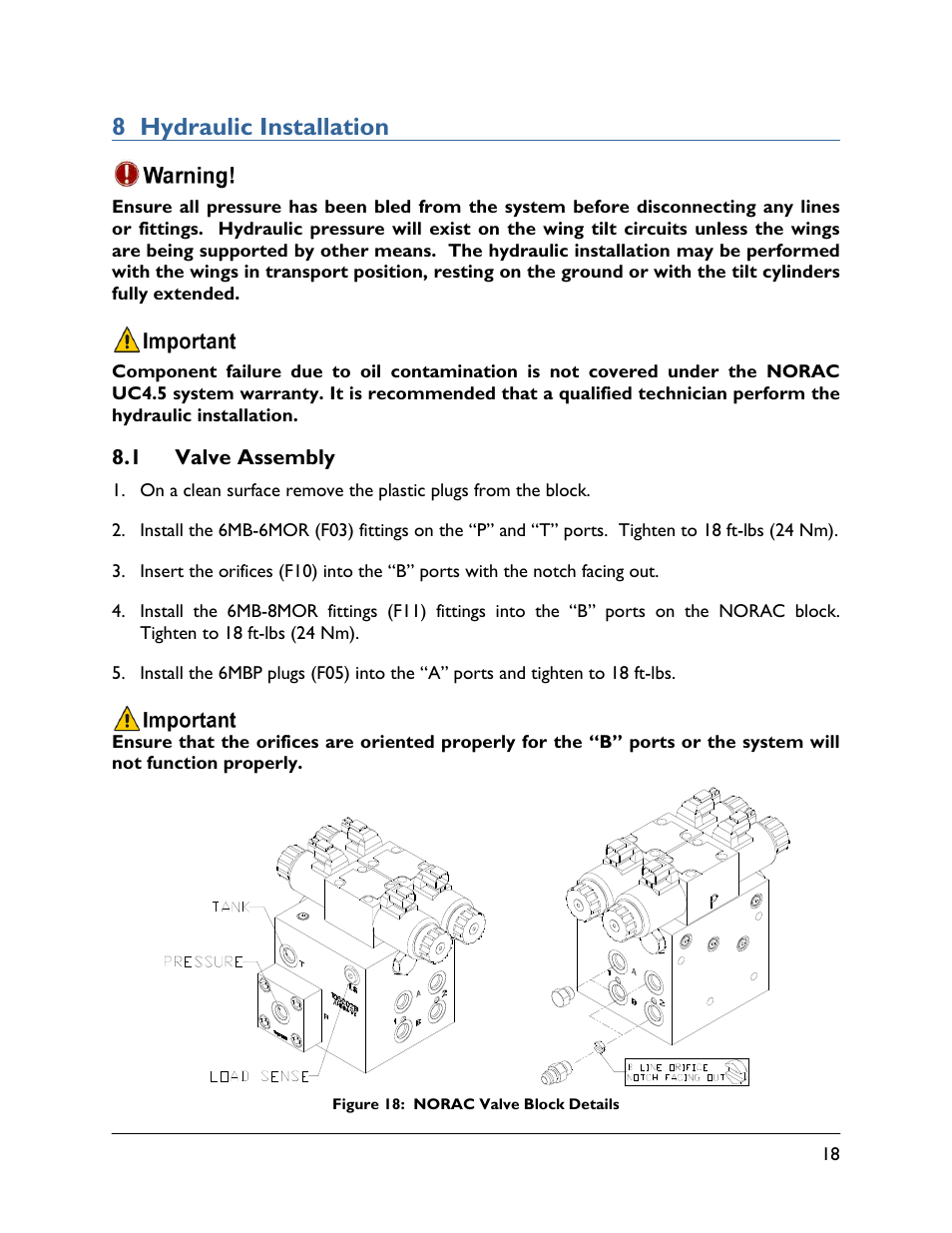 8 hydraulic installation, 1 valve assembly | NORAC UC4.5-BC-MC2 User Manual | Page 21 / 31