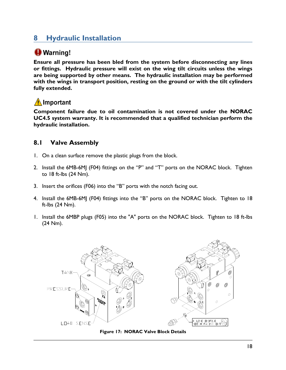 8 hydraulic installation, 1 valve assembly | NORAC UC4.5-BC-MS1 User Manual | Page 21 / 32