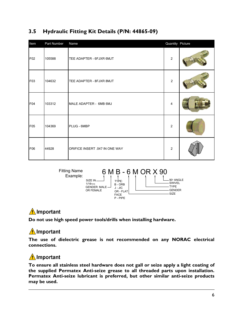 5 hydraulic fitting kit details (p/n: 44865-09), 6 m b - 6 m or x 90 | NORAC UC4.5-BC-MS1 User Manual | Page 9 / 32