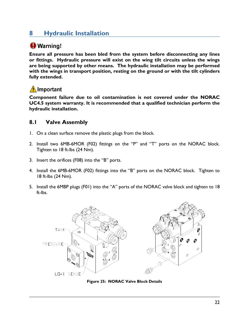 8 hydraulic installation, 1 valve assembly, 8hydraulic installation | NORAC UC4.5-BC-NT4 User Manual | Page 25 / 35