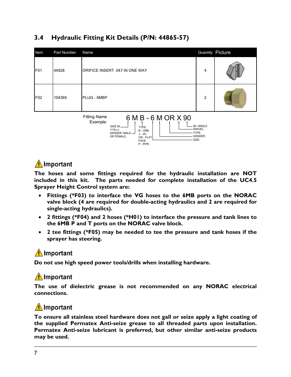 4 hydraulic fitting kit details (p/n: 44865-57), 6 m b - 6 m or x 90 | NORAC UC4.5-BC-RA1 User Manual | Page 10 / 42