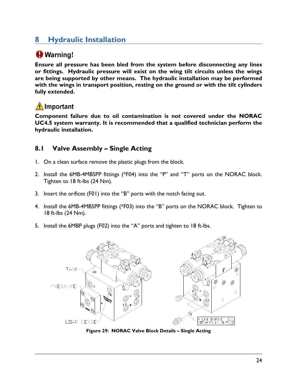 8 hydraulic installation, 1 valve assembly – single acting | NORAC UC4.5-BC-RA1 User Manual | Page 27 / 42