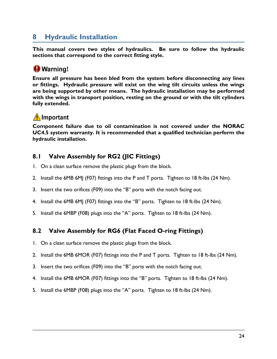 8 hydraulic installation, 1 valve assembly for rg2 (jic fittings) | NORAC UC4.5-BC-RG6 User Manual | Page 27 / 38