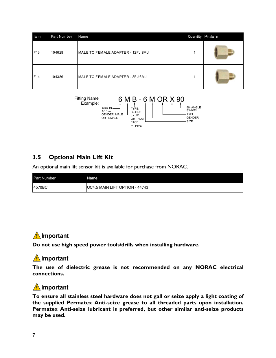 5 optional main lift kit, 6 m b - 6 m or x 90 | NORAC UC4.5-BC-RG4 User Manual | Page 10 / 36