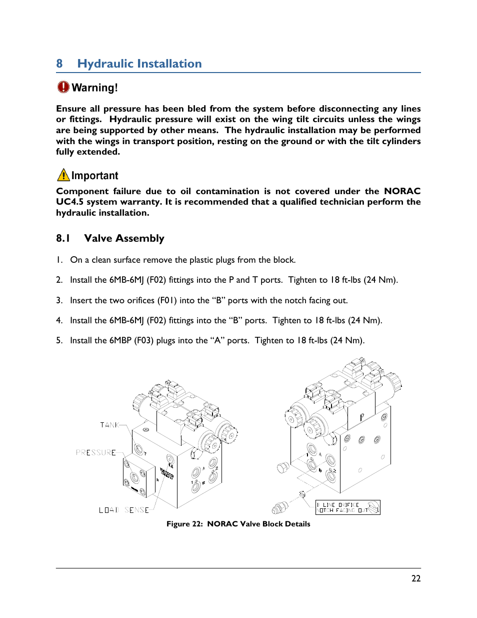 8 hydraulic installation, 1 valve assembly | NORAC UC4.5-BC-RG4 User Manual | Page 25 / 36