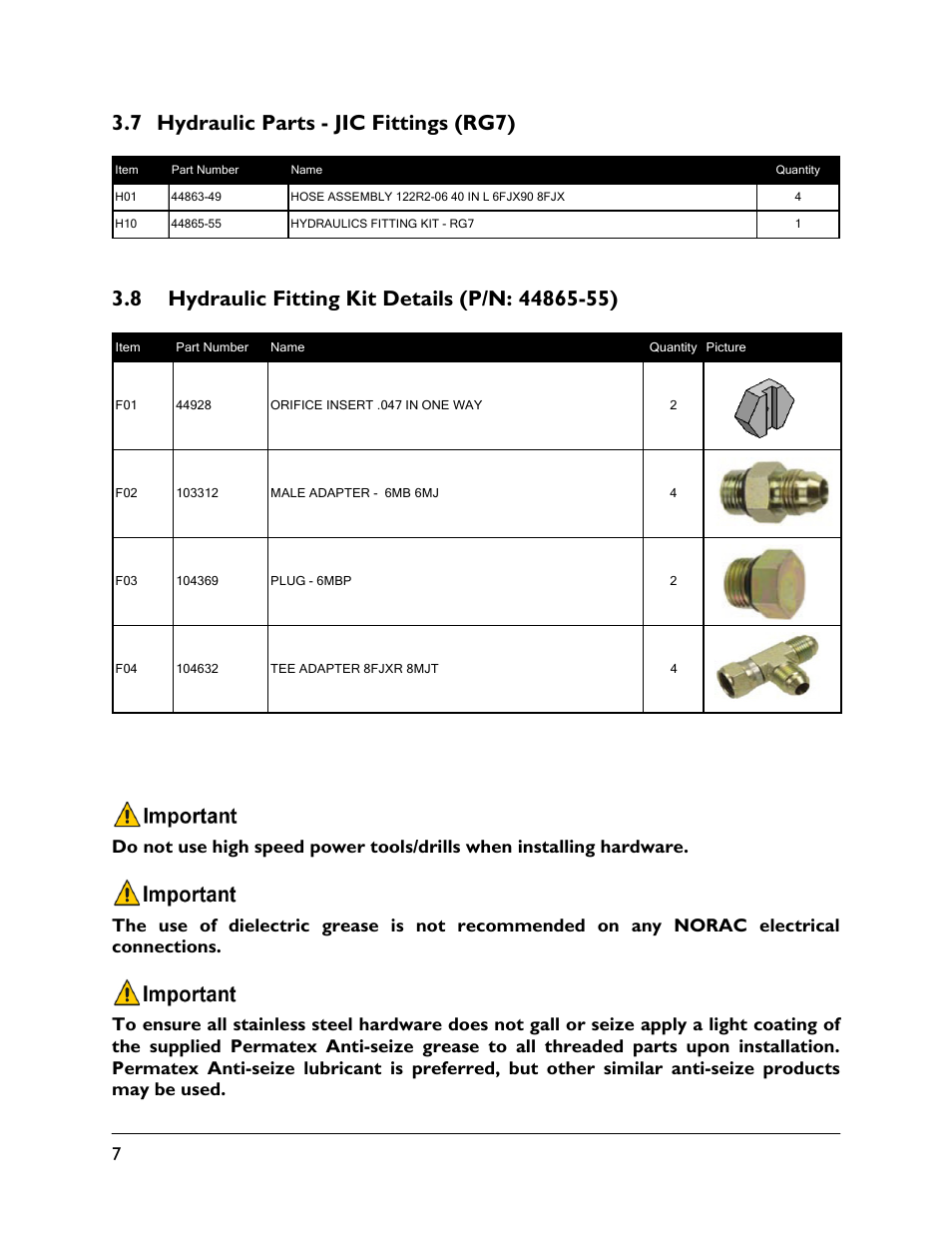 7 hydraulic parts - jic fittings (rg7), 8 hydraulic fitting kit details (p/n: 44865-55) | NORAC UC4.5-BC-RG5 User Manual | Page 10 / 35