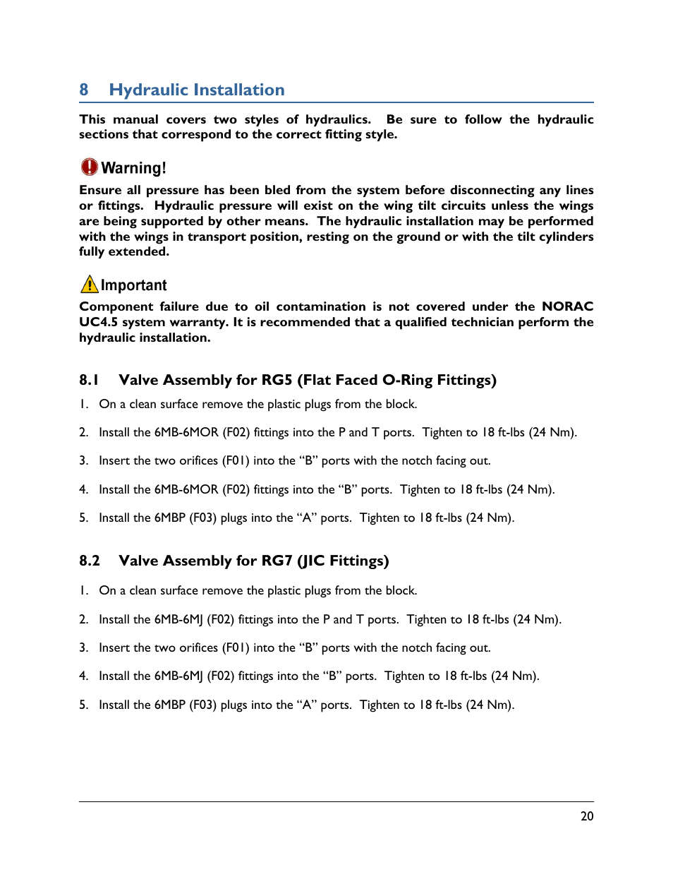 8 hydraulic installation, 2 valve assembly for rg7 (jic fittings) | NORAC UC4.5-BC-RG5 User Manual | Page 23 / 35