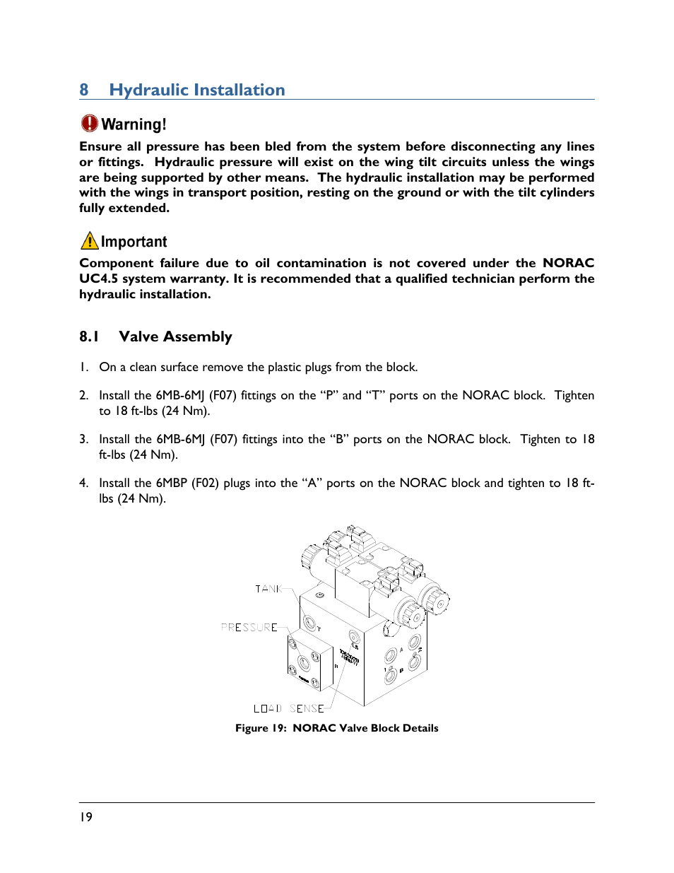 8 hydraulic installation, 1 valve assembly | NORAC UC4.5-BC-SC2 User Manual | Page 22 / 33