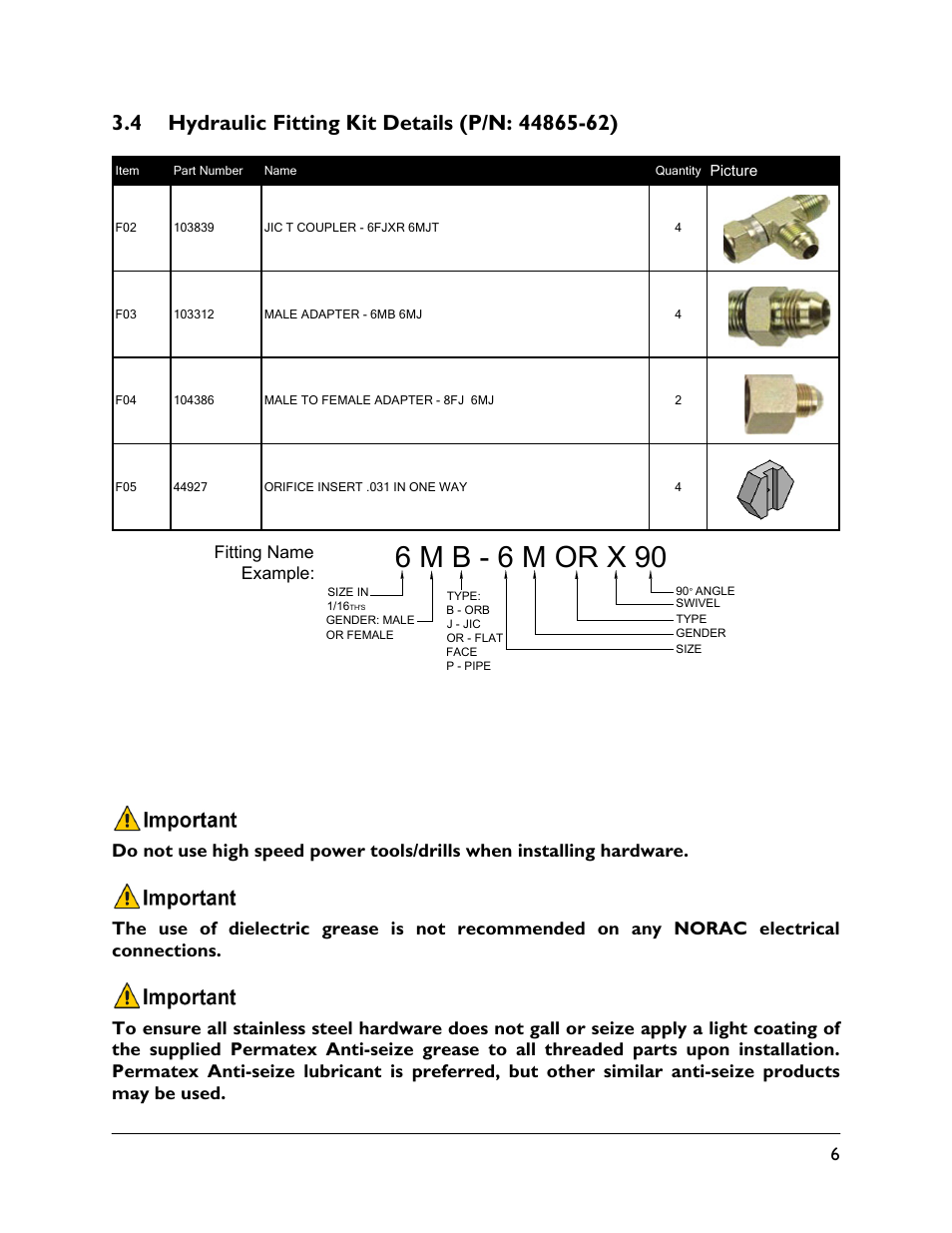 4 hydraulic fitting kit details (p/n: 44865-62), 6 m b - 6 m or x 90 | NORAC UC4.5-BC-SC4 User Manual | Page 9 / 28