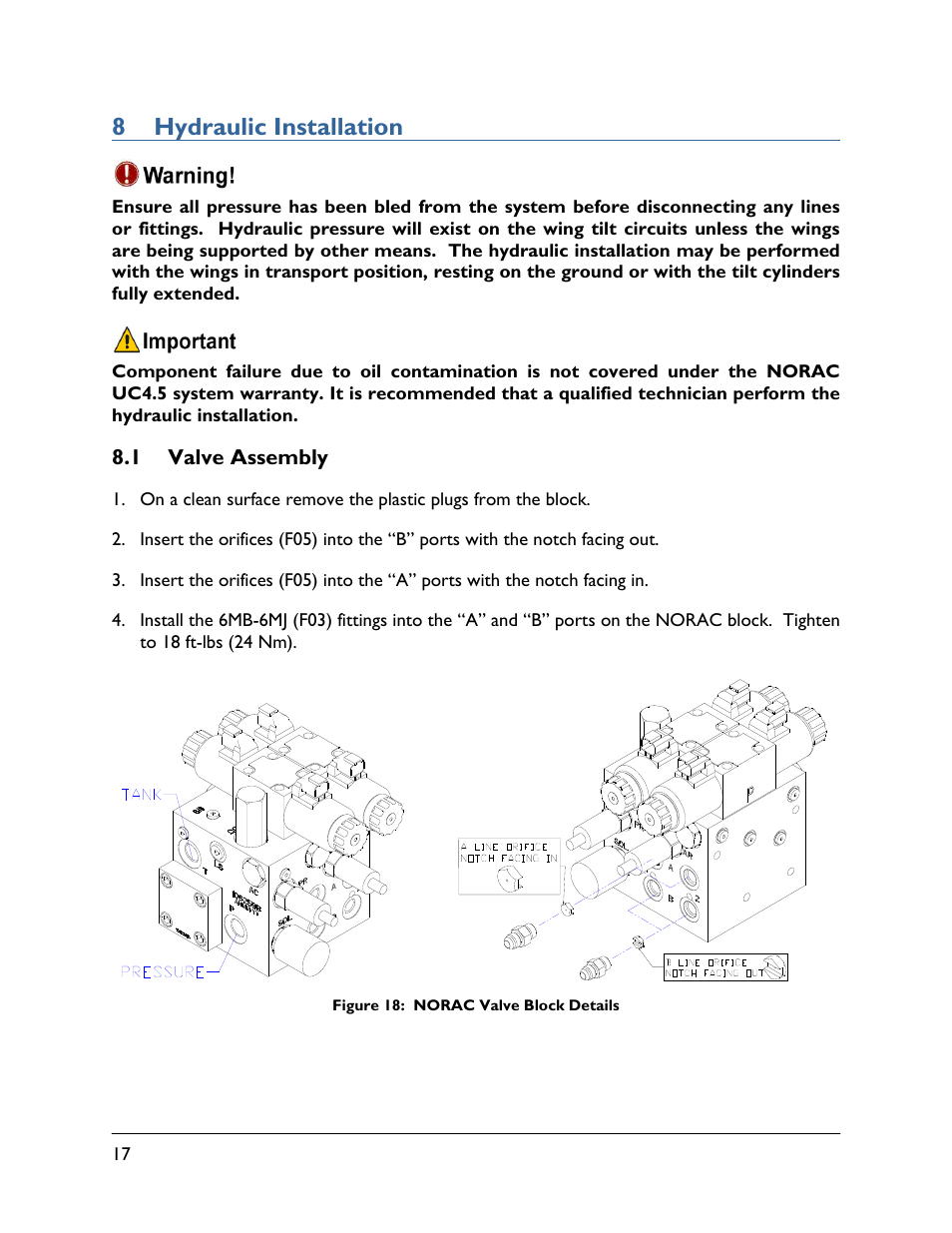 8 hydraulic installation, 1 valve assembly | NORAC UC4.5-BC-SM2 User Manual | Page 20 / 30