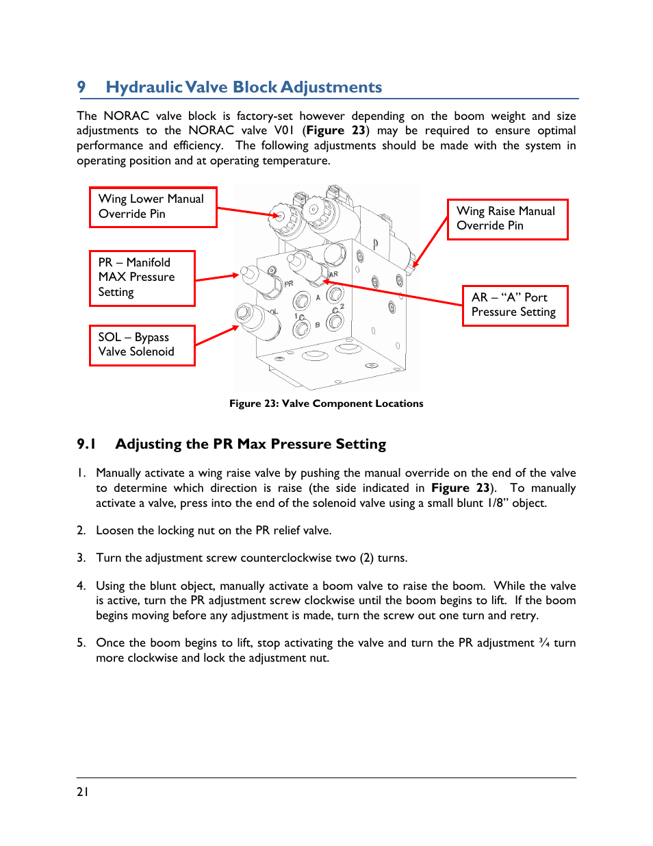 9 hydraulic valve block adjustments, 1 adjusting the pr max pressure setting | NORAC UC4.5-BC-SM2 User Manual | Page 24 / 30