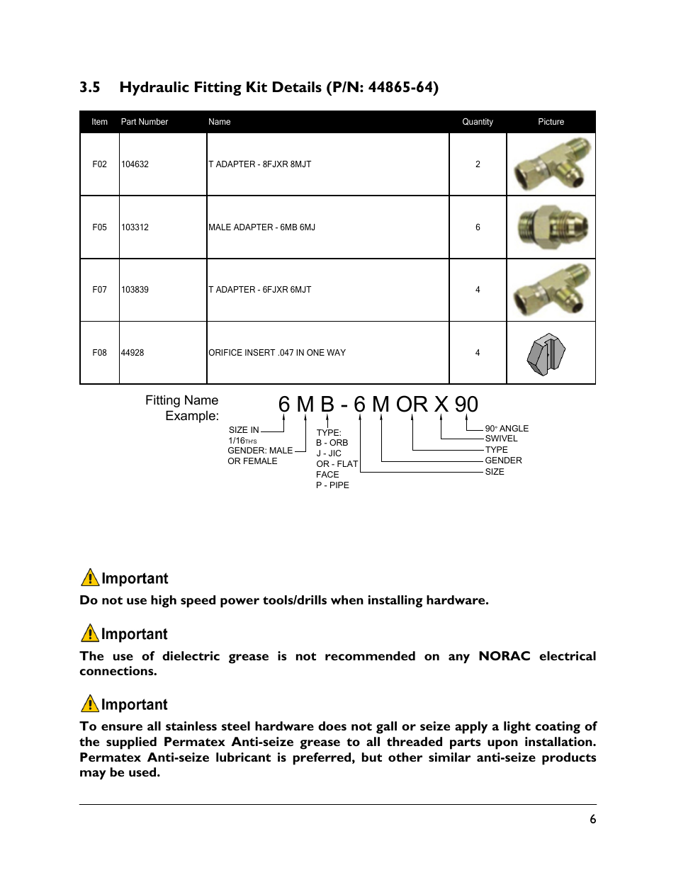 5 hydraulic fitting kit details (p/n: 44865-64), 6 m b - 6 m or x 90 | NORAC UC4.5-BC-VS1 User Manual | Page 9 / 33