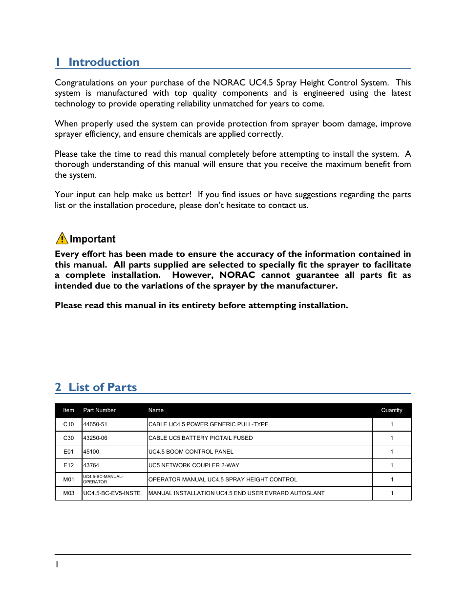 1 introduction, 2 list of parts | NORAC UC4.5-BC-EV5 Part 2 User Manual | Page 4 / 10