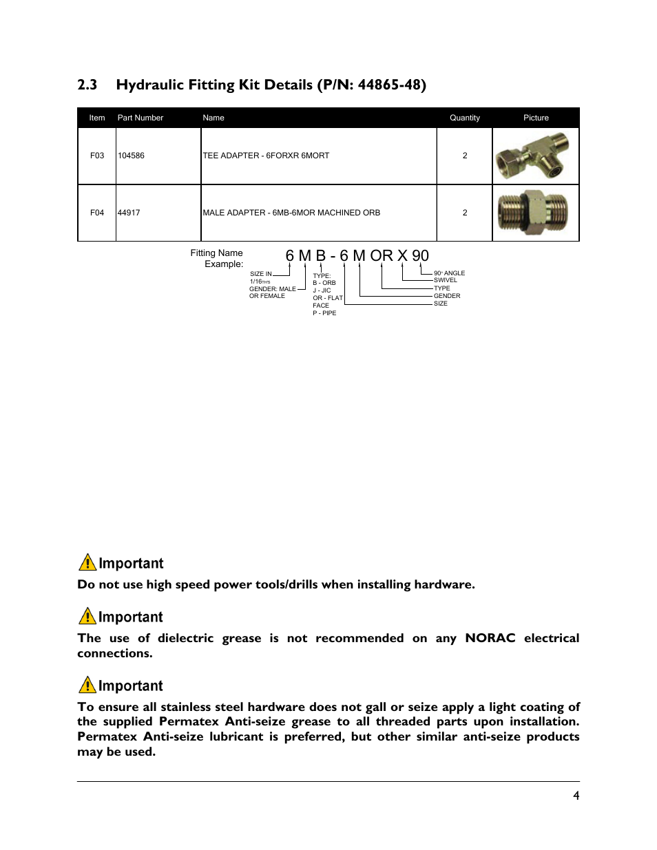 3 hydraulic fitting kit details (p/n: 44865-48), 6 m b - 6 m or x 90 | NORAC UC4.5-CS4 User Manual | Page 7 / 20