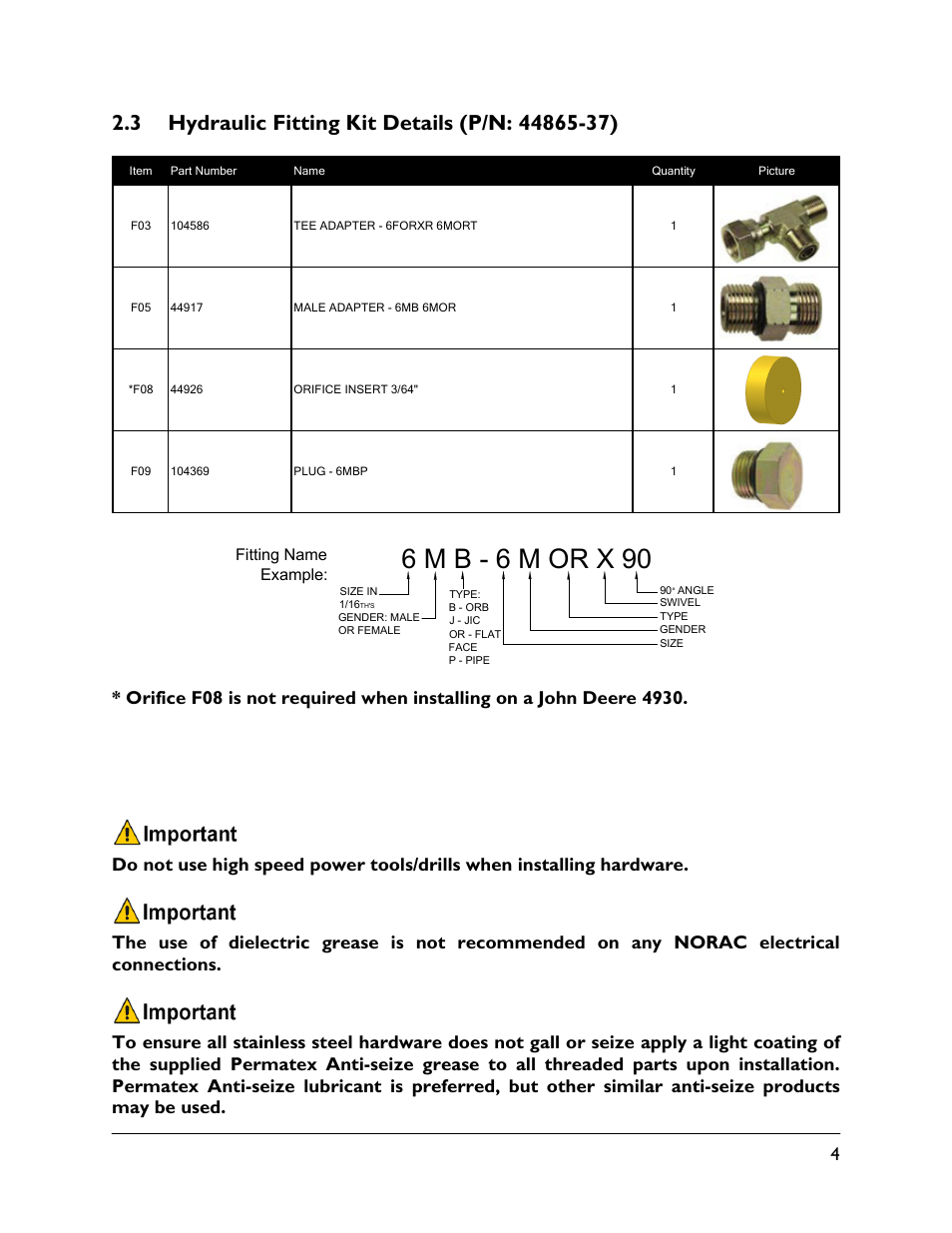 3 hydraulic fitting kit details (p/n: 44865-37), 6 m b - 6 m or x 90 | NORAC UC4.5-JD9 User Manual | Page 7 / 17