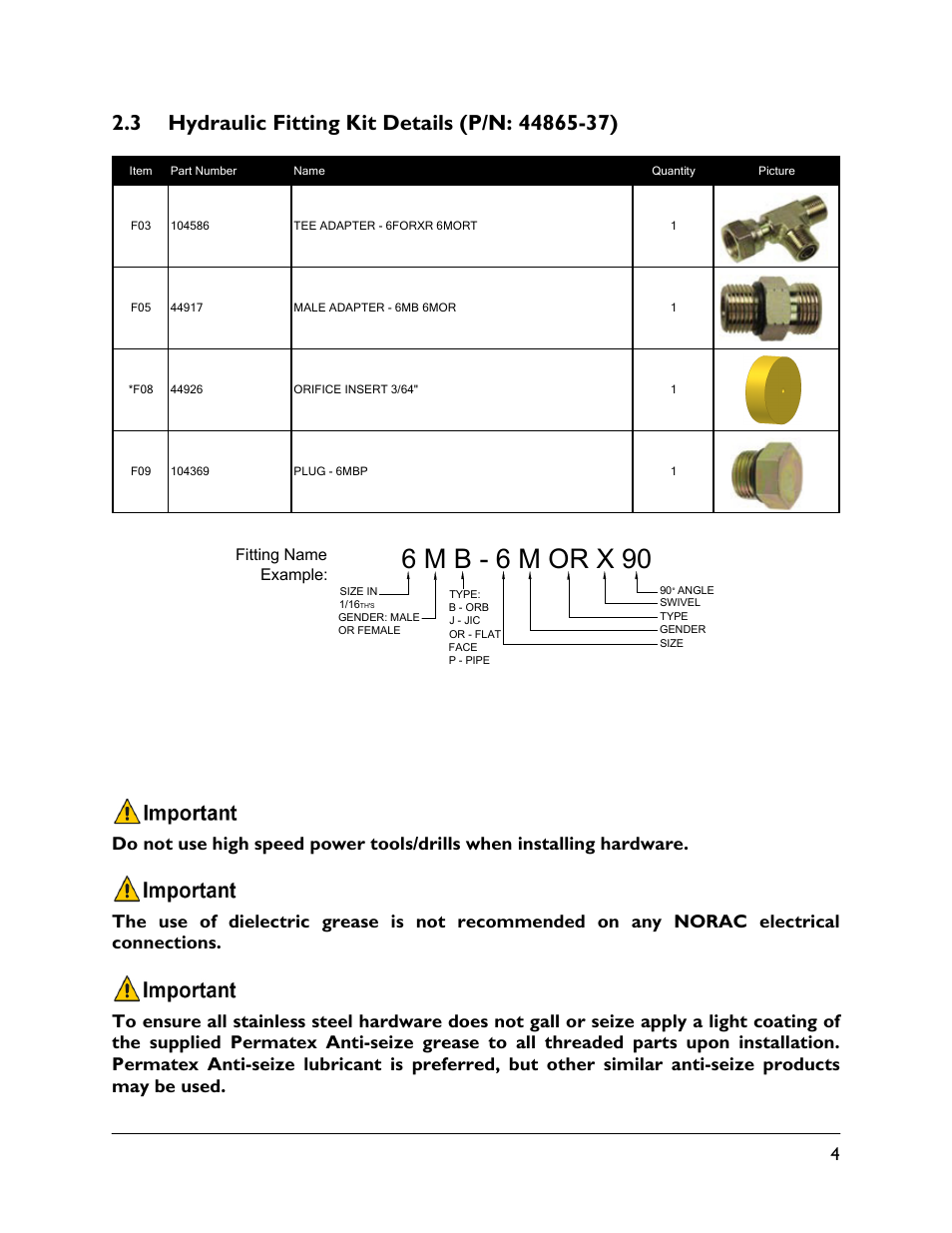 3 hydraulic fitting kit details (p/n: 44865-37), 6 m b - 6 m or x 90 | NORAC UC4.5-JD13 User Manual | Page 7 / 16