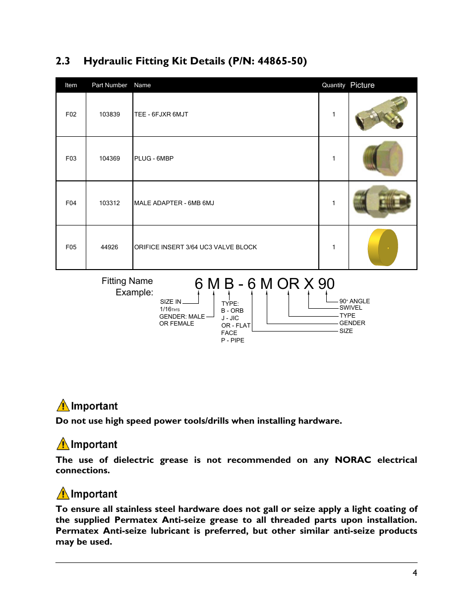 3 hydraulic fitting kit details (p/n: 44865-50), 6 m b - 6 m or x 90 | NORAC UC4.5-SM3 User Manual | Page 7 / 18