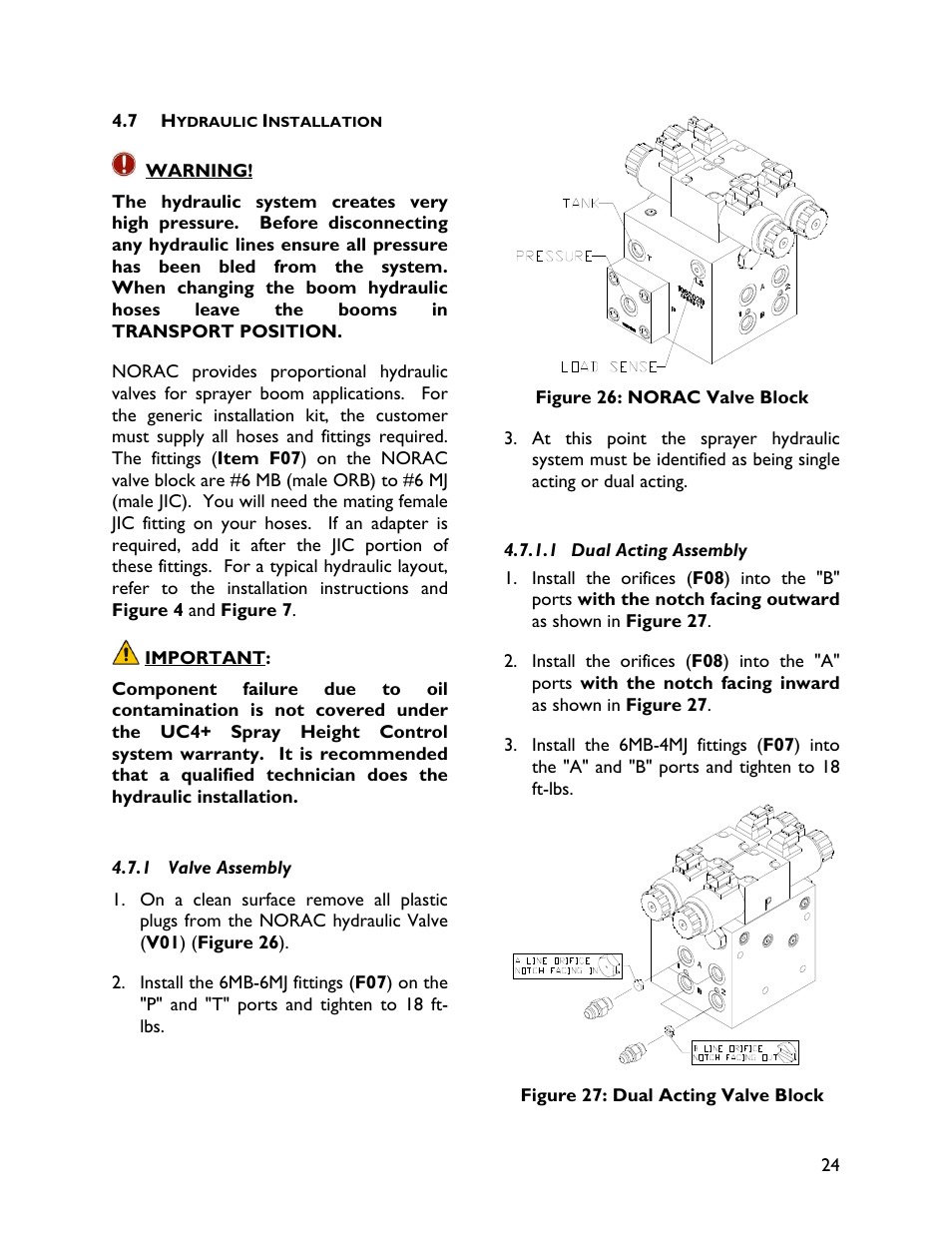 7 hydraulic installation, 1 valve assembly, 1 dual acting assembly | NORAC UC4+BC+AN2 User Manual | Page 27 / 47