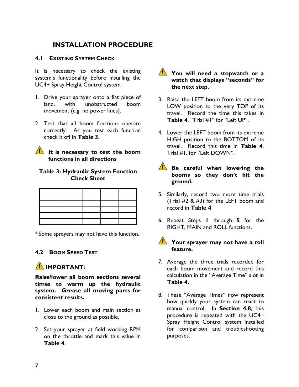 4 installation procedure, 1 existing system check, 2 boom speed test | Installation procedure | NORAC UC4+BC+AP2 User Manual | Page 10 / 35