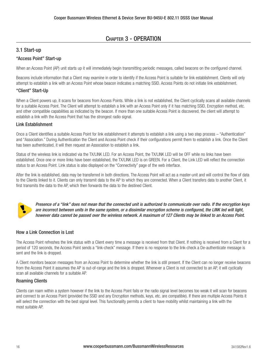 3 - operation | Cooper Bussmann VERSION 1.6 BU-945U-E 802.11 DSSS User Manual | Page 16 / 82