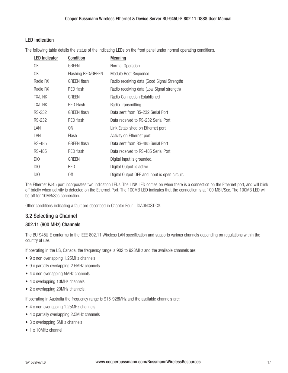 Cooper Bussmann VERSION 1.6 BU-945U-E 802.11 DSSS User Manual | Page 17 / 82