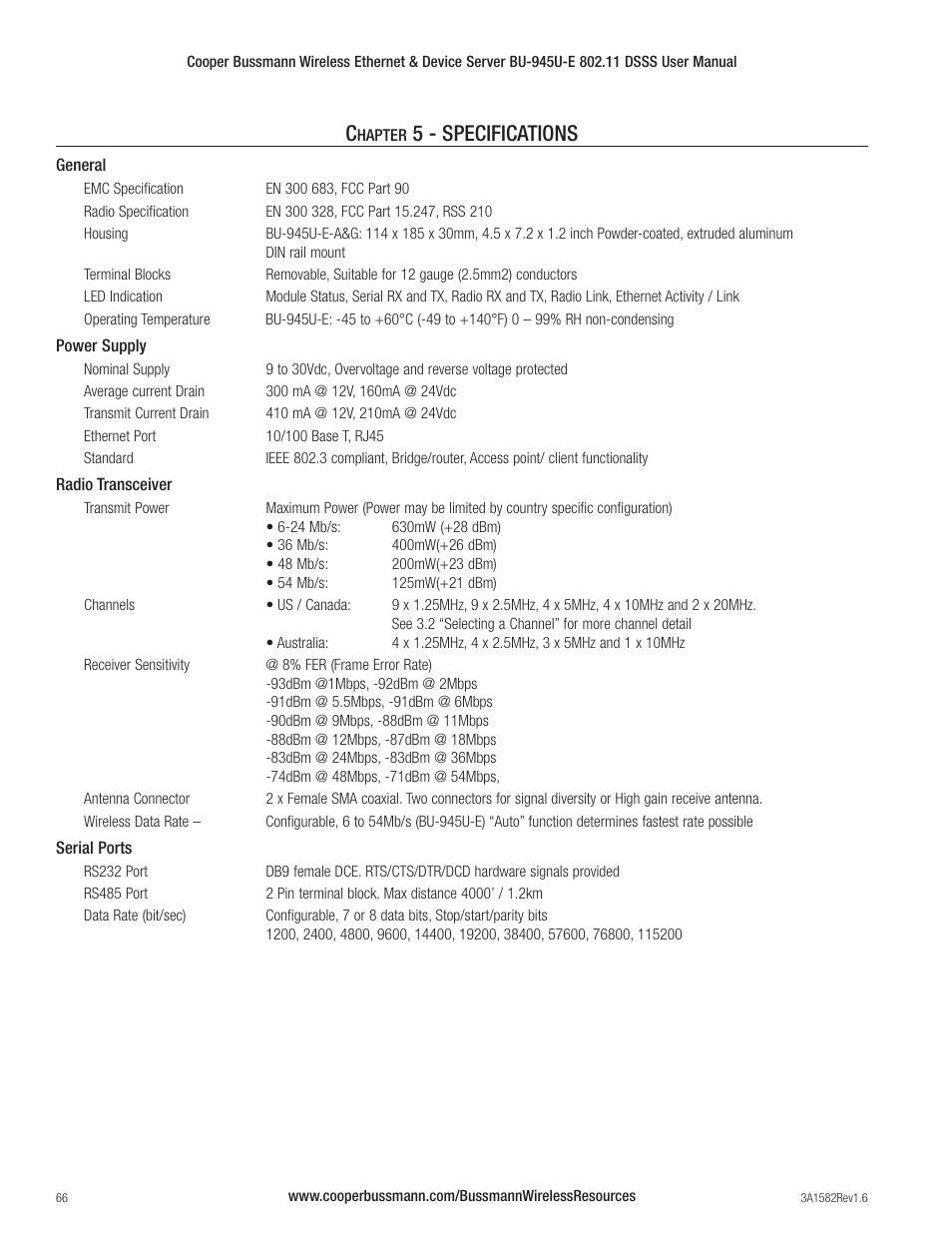 5 - specifications | Cooper Bussmann VERSION 1.6 BU-945U-E 802.11 DSSS User Manual | Page 66 / 82