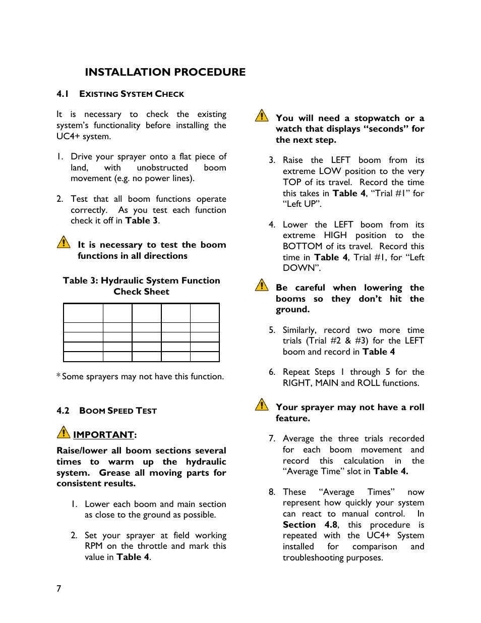 4 installation procedure, 1 existing system check, 2 boom speed test | Installation procedure | NORAC UC4+BC+CS1 User Manual | Page 10 / 34