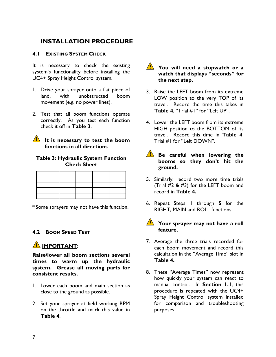 4 installation procedure, 1 existing system check, 2 boom speed test | NORAC UC4+BC+CS3 User Manual | Page 10 / 38