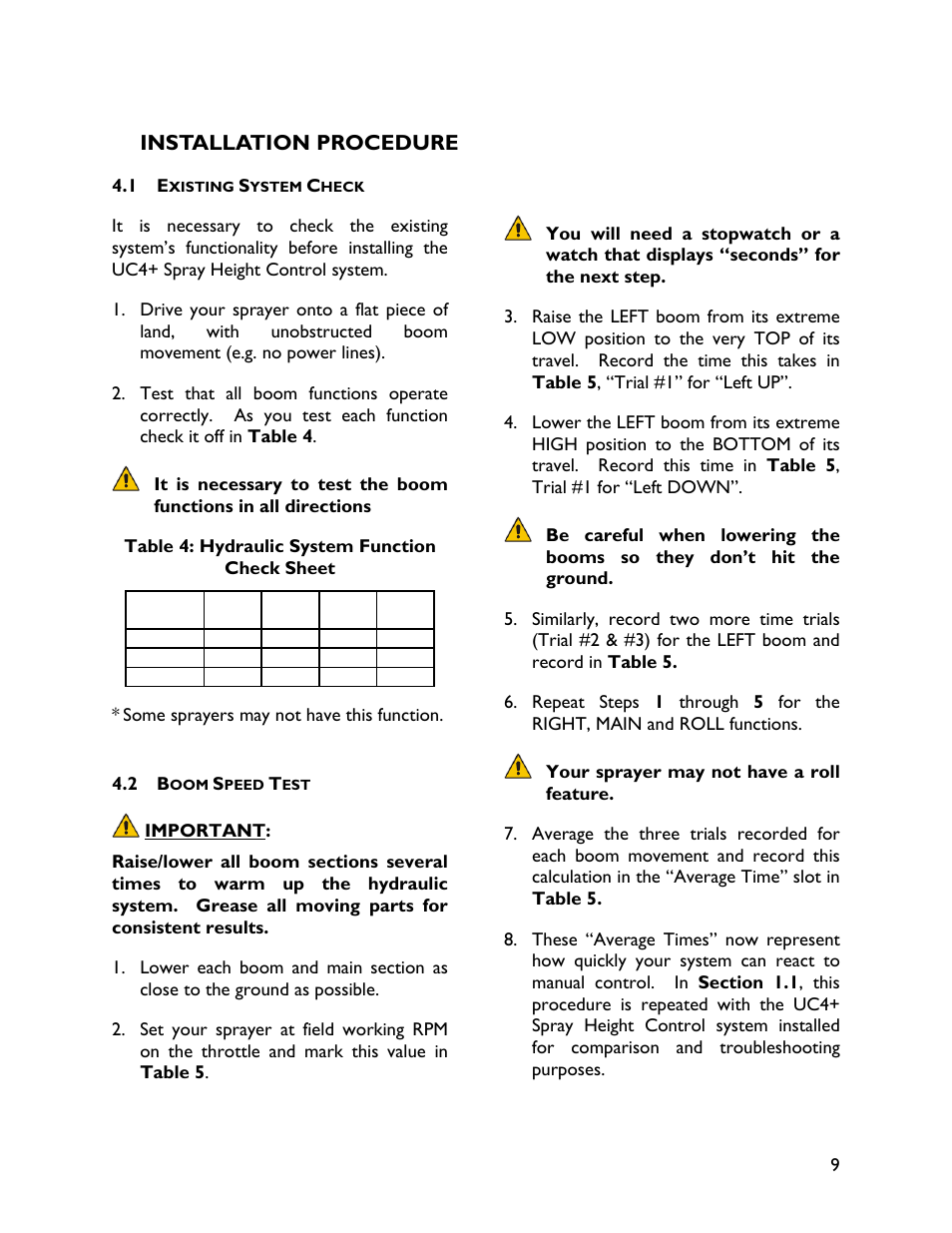 4 installation procedure, 1 existing system check, 2 boom speed test | NORAC UC4+BC+CS5 User Manual | Page 11 / 44