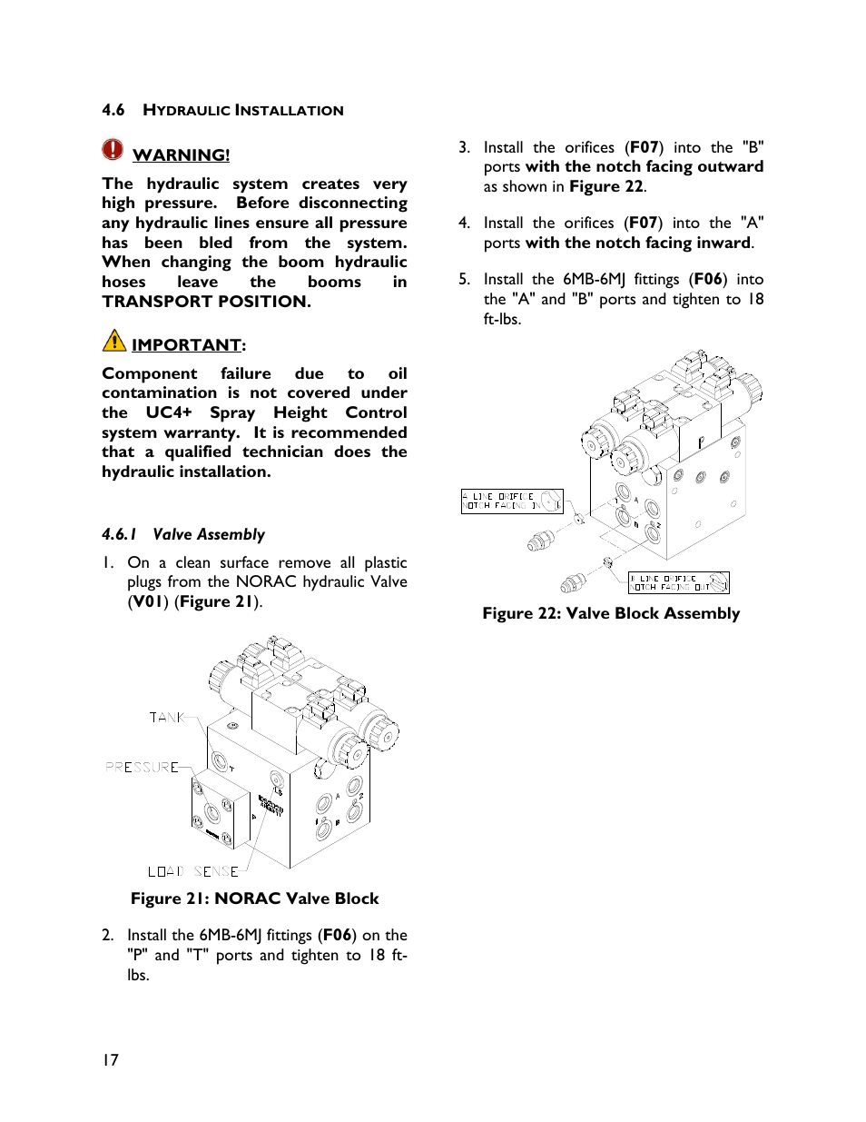 6 hydraulic installation, 1 valve assembly | NORAC UC4+BC+FC1 User Manual | Page 20 / 32