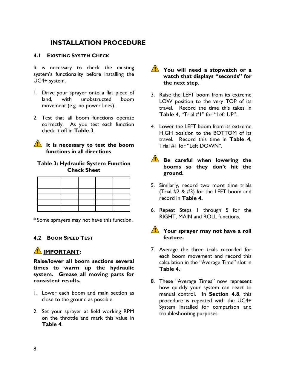4 installation procedure, 1 existing system check, 2 boom speed test | Installation procedure | NORAC UC4+BC+FC2 User Manual | Page 10 / 36