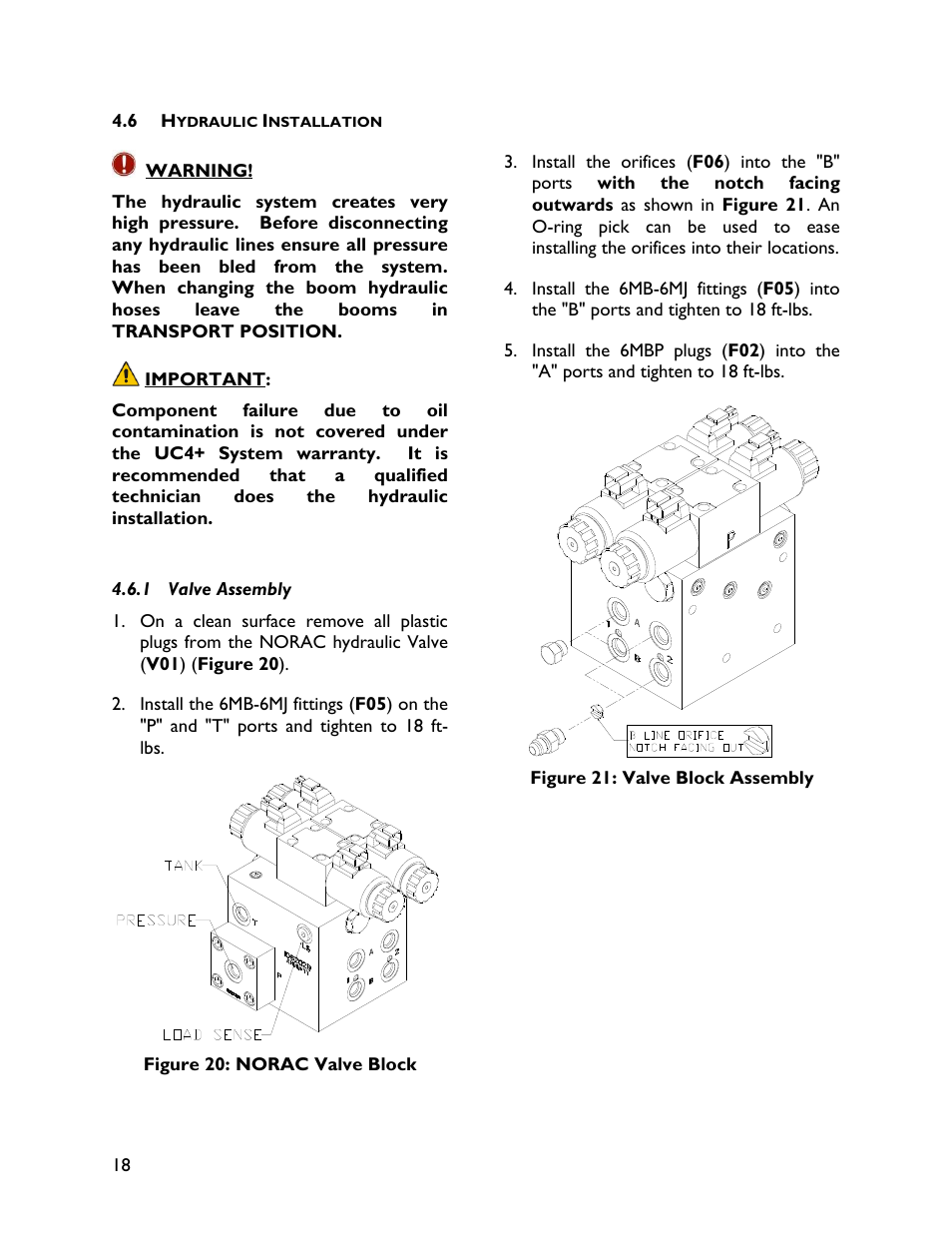 6 hydraulic installation, 1 valve assembly | NORAC UC4+BC+FC2 User Manual | Page 20 / 36