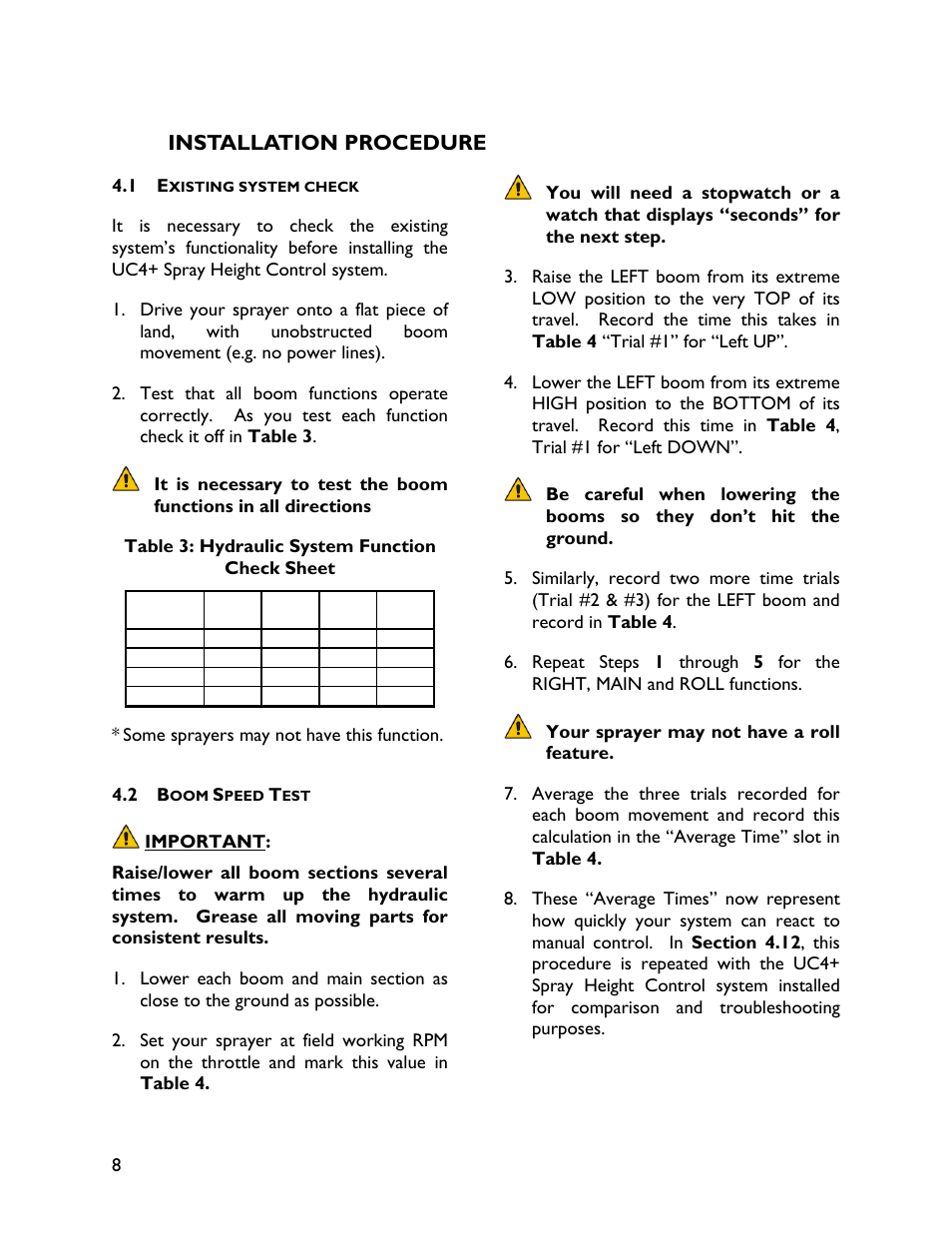 4 installation procedure, 1 existing system check, 2 boom speed test | NORAC UC4+BC+GM1 User Manual | Page 10 / 35