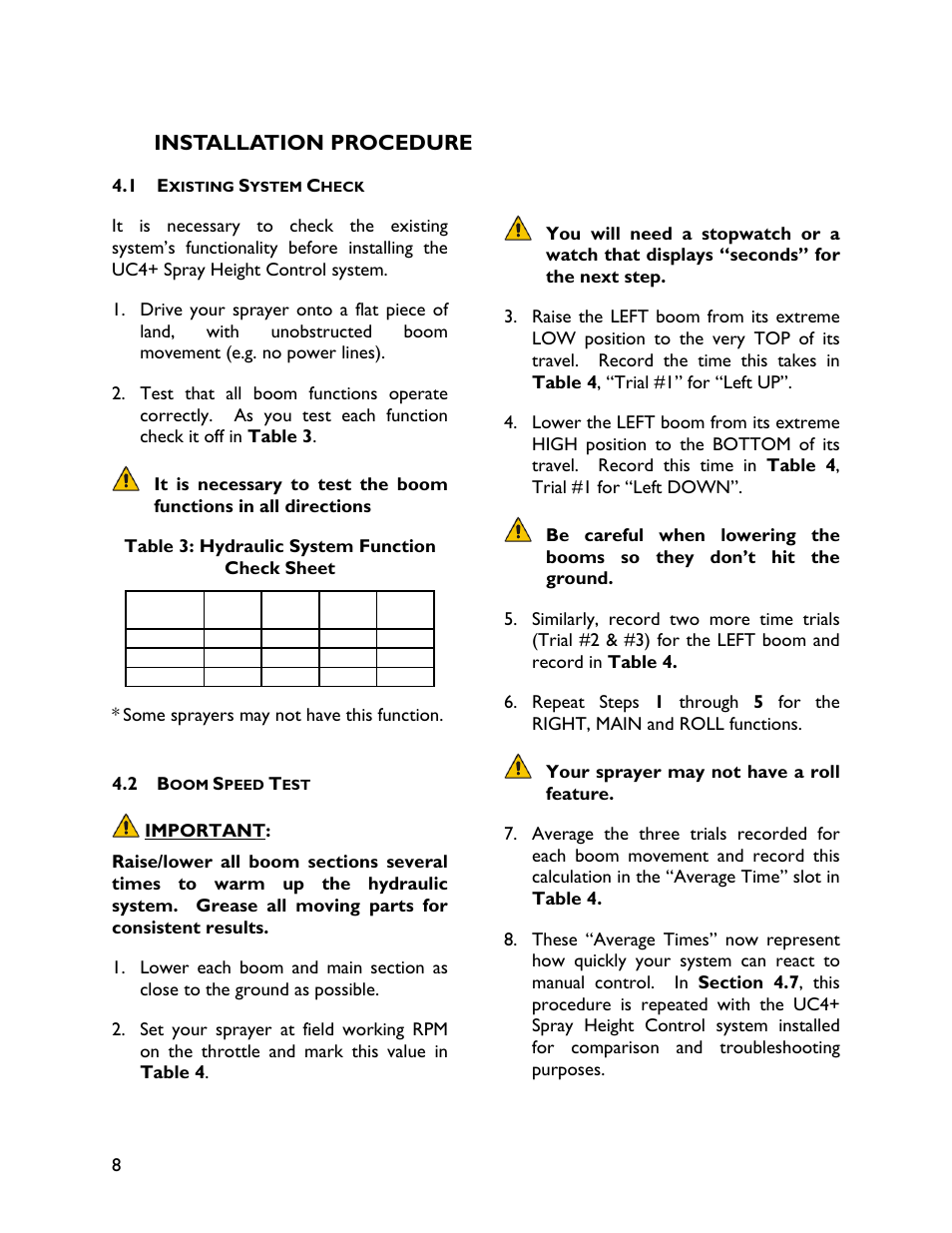 4 installation procedure, 1 existing system check, 2 boom speed test | NORAC UC4+BC+GV1 User Manual | Page 10 / 38