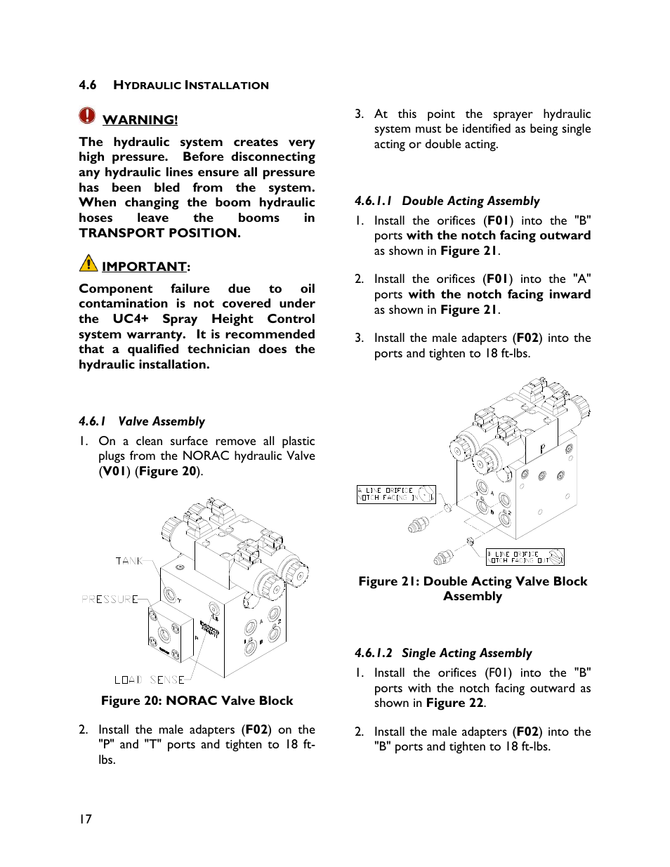 6 hydraulic installation, 1 valve assembly, 1 double acting assembly | 2 single acting assembly | NORAC UC4+BC+HD1 User Manual | Page 20 / 32