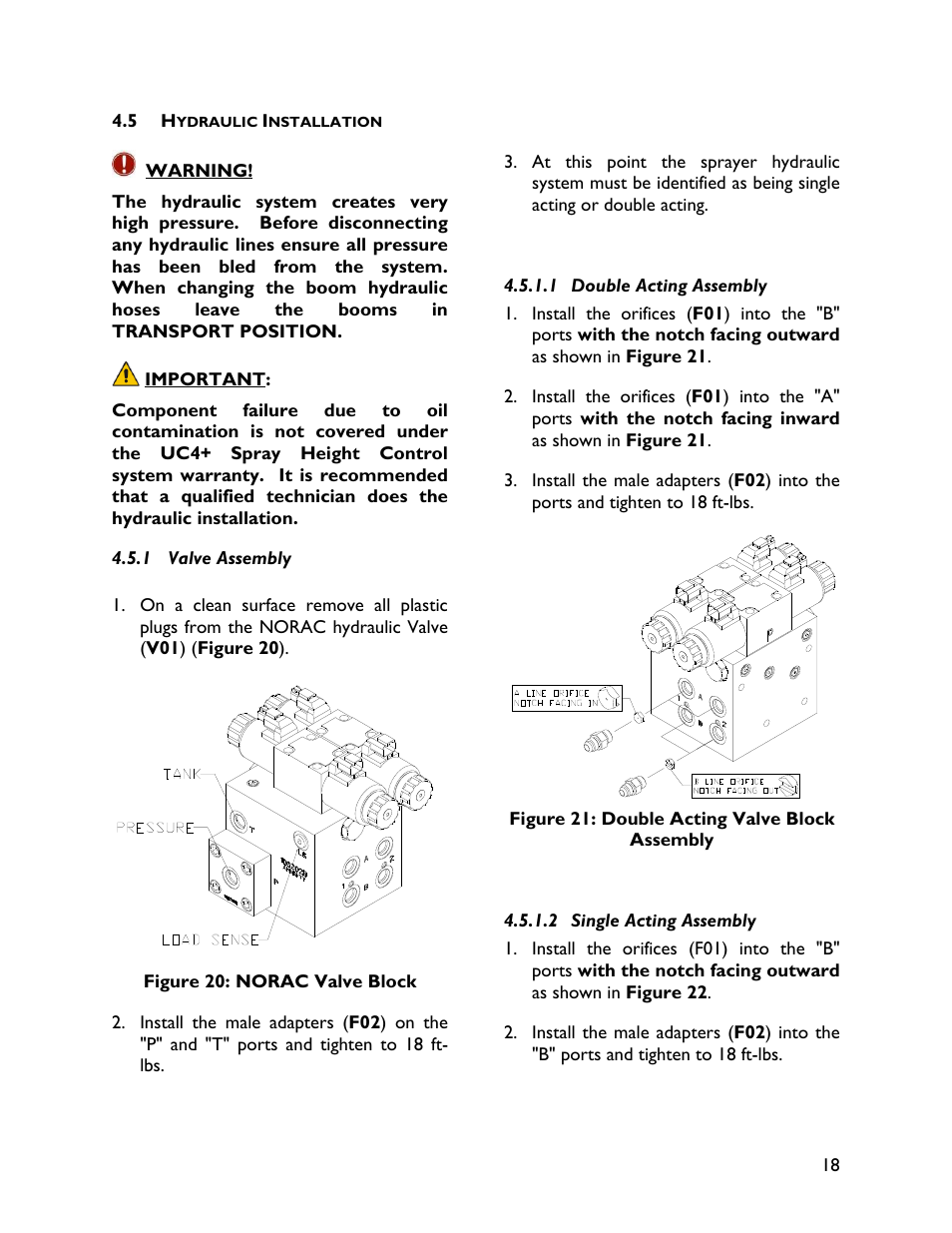 5 hydraulic installation, 1 valve assembly, 1 double acting assembly | 2 single acting assembly | NORAC UC4+BC+HD3 Part 1 User Manual | Page 21 / 37