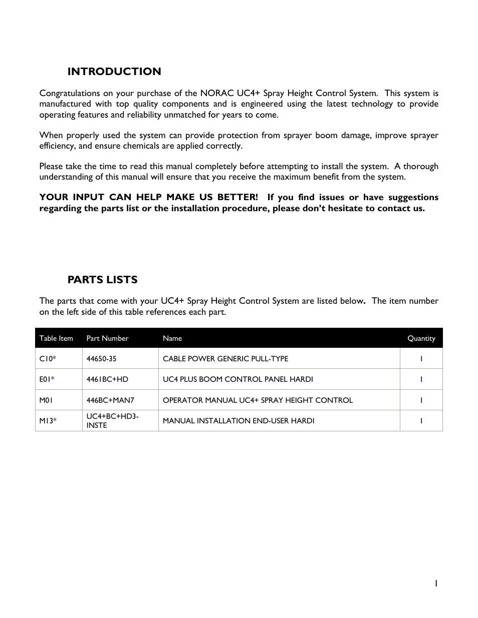 1 introduction, 2 parts lists | NORAC UC4+BC+HD3 Part 2 User Manual | Page 3 / 6