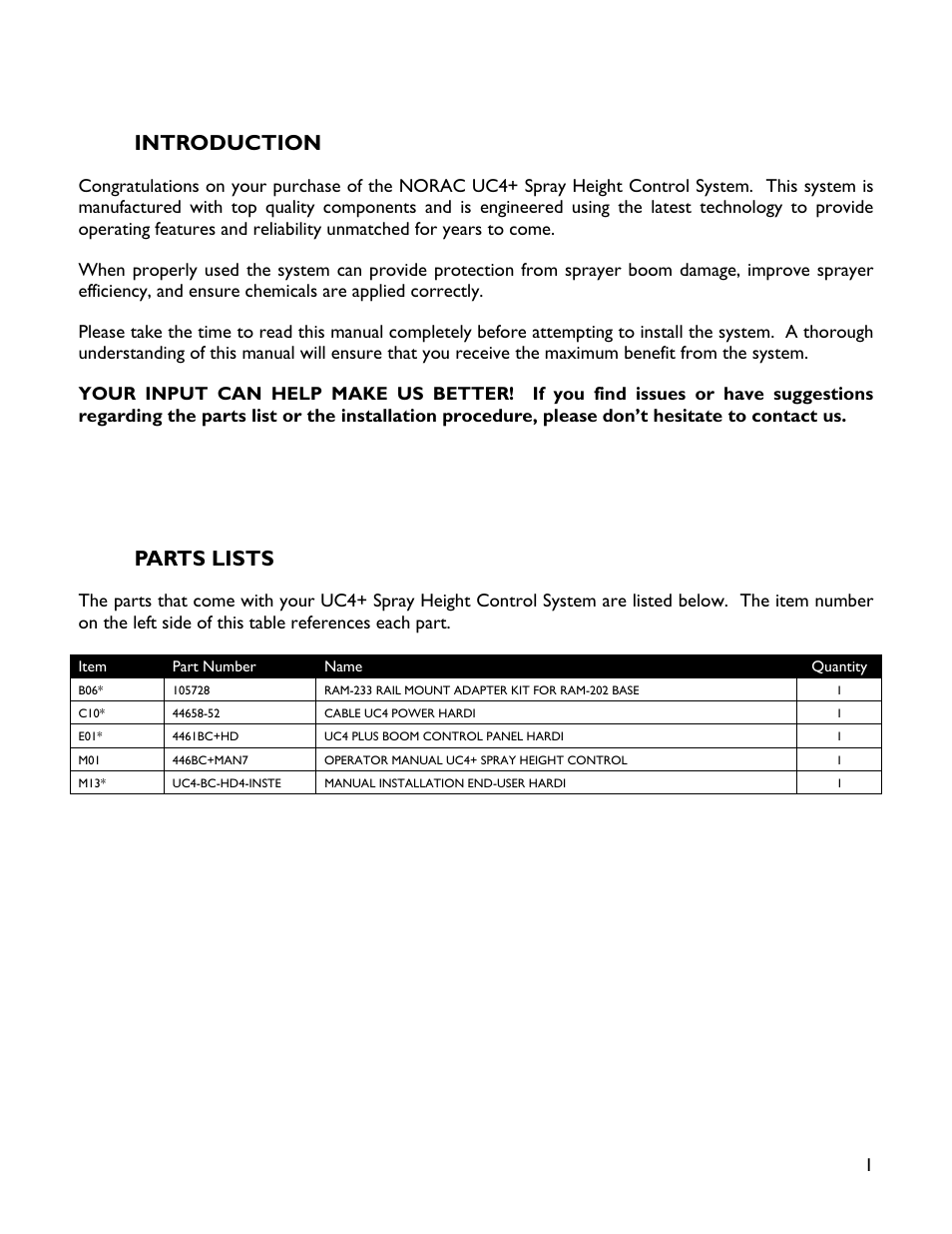 1 introduction, 2 parts lists, Introduction | Parts lists | NORAC UC4+BC+HD4 Part 2 User Manual | Page 3 / 9