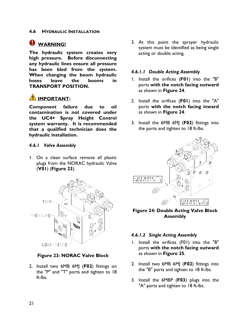 6 hydraulic installation, 1 valve assembly, 1 double acting assembly | 2 single acting assembly | NORAC UC4+BC+HD7 User Manual | Page 24 / 41