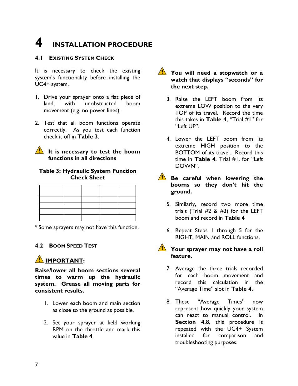 4 installation procedure, 1 existing system check, 2 boom speed test | Installation procedure | NORAC UC4+BC+JD6 User Manual | Page 10 / 37